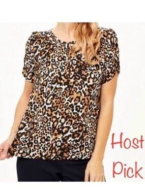 Talbots Blouse Brown & Black Notch Neck Puff Sleeve Top Women’s Petite SP